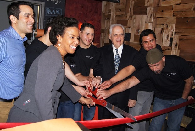 Owners of Humo Smokehouse, along with Council Member Cumbo, Assembly Member Lentol and MARP Executive Director Blaise Backer cutting the ribbon at the restaurant's grand opening.